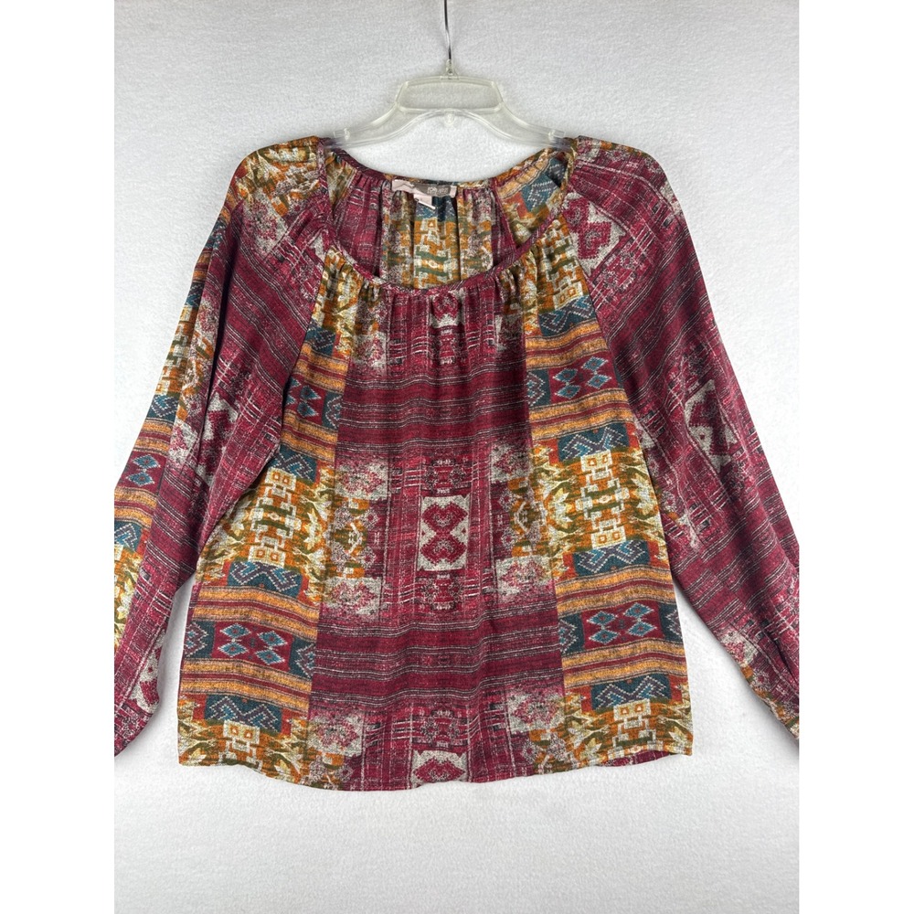Forever 21 Contemporary Boho Geometric Patchwork Blouse Small Burgundy Top